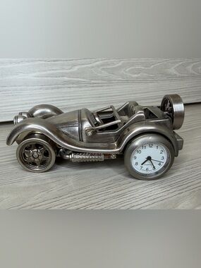 Vintage Silver Race Car Desk Clock - Metal Home Accent